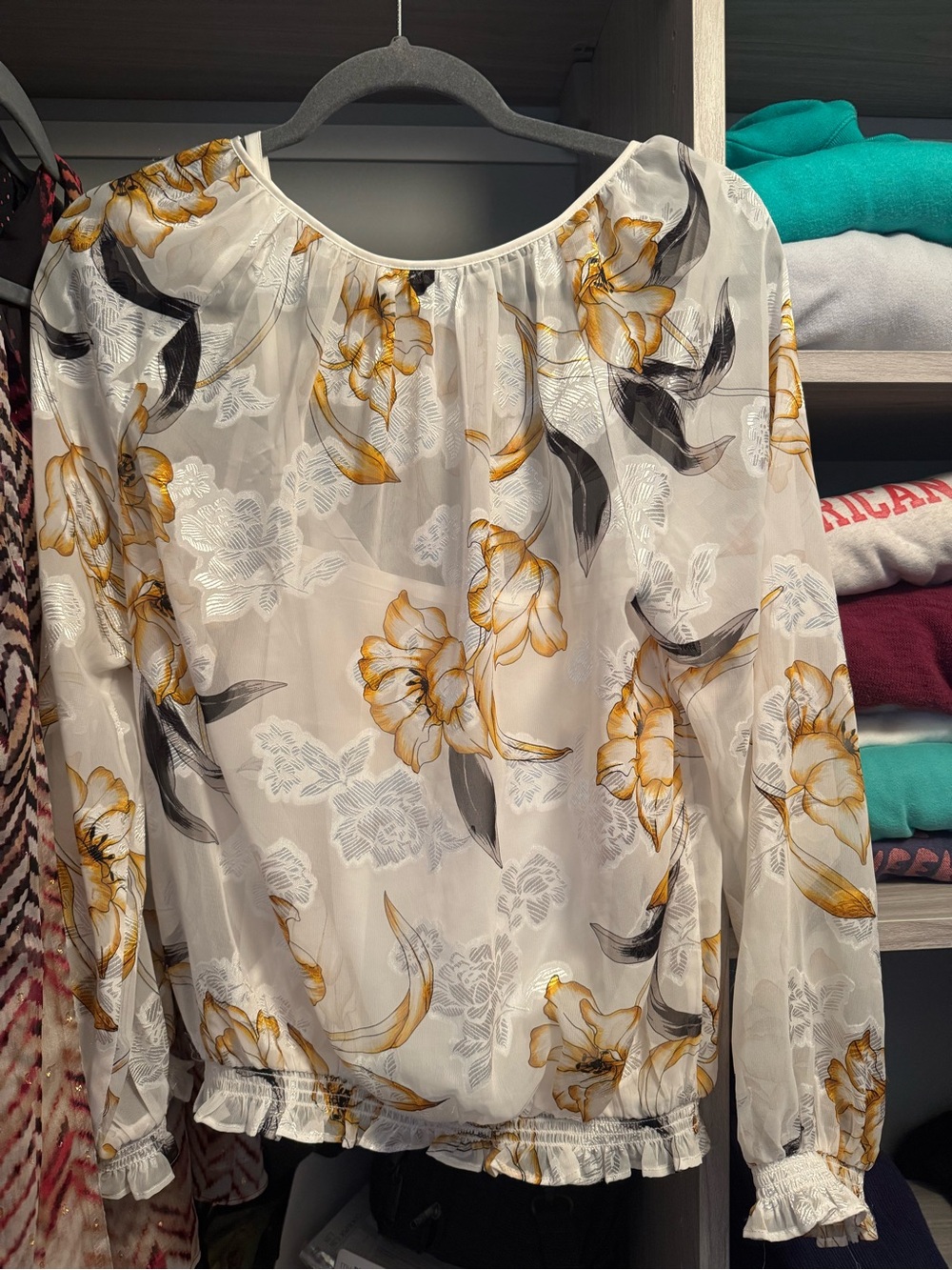 White House Black Market Sheer Floral Peasant Blouse in White and Mustard